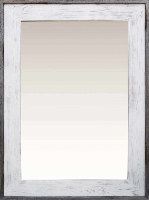 Whitewash cedar mirror with a layered barnwood trim, designed to bring a clean, modern farmhouse look with subtle rustic texture.