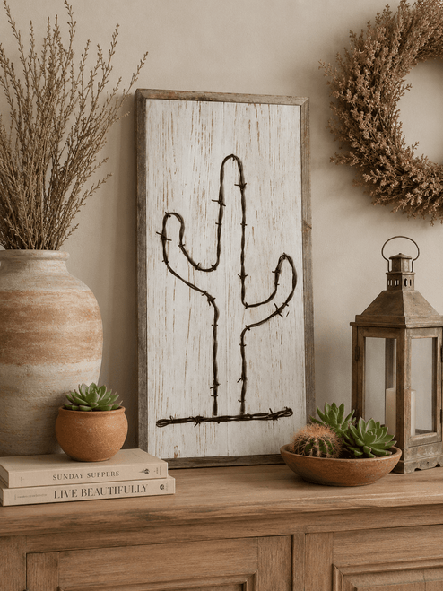 Rustic whitewash barnwood cactus wall décor handcrafted from reclaimed wood and barb wire, creating a bold western-inspired statement piece.