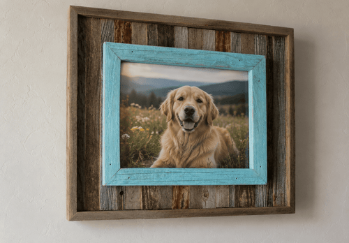 Rustic barnwood picture frame with colorful slat accent handcrafted from reclaimed wood