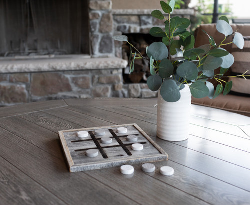Barnwood checkers board game set featuring a handcrafted rustic playing surface with included wooden checker pieces for classic gameplay.