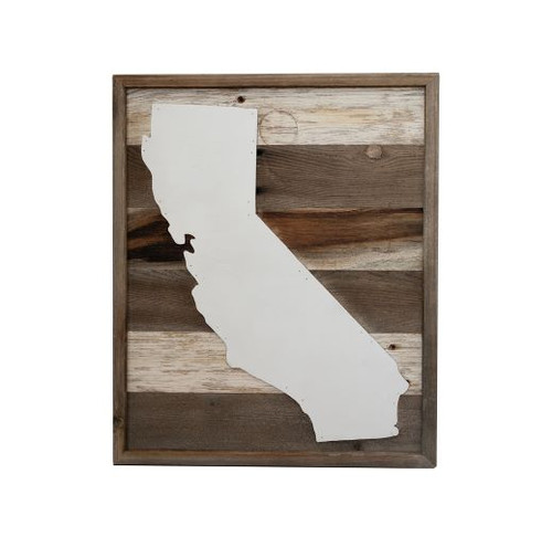 California. Rustic barnwood state cutout sign handcrafted from reclaimed wood, featuring a customizable U.S. state silhouette for personalized home décor.