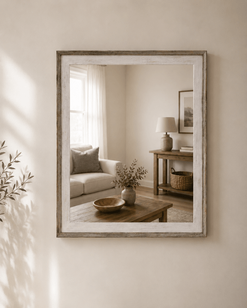Distressed white framed mirror with clean minimalist design displayed above a wooden console table