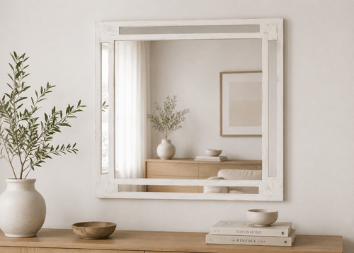 Distressed Snowville white mirror handcrafted from solid wood with layered farmhouse frame design and rustic whitewashed finish
