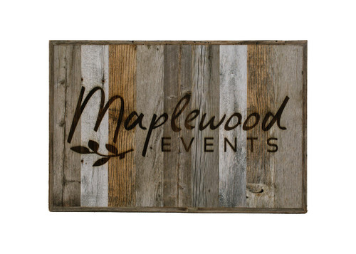 Custom engraved barnwood wedding sign featuring names and date, perfect for ceremony décor, welcome signs, or reception displays.