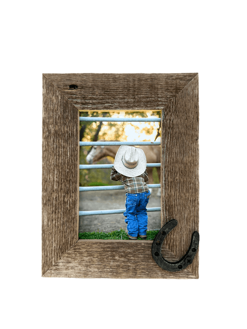 Handcrafted rustic barnwood picture frame with metal horseshoe accent from the Homestead Series, showcasing natural wood grain and western-inspired charm.
