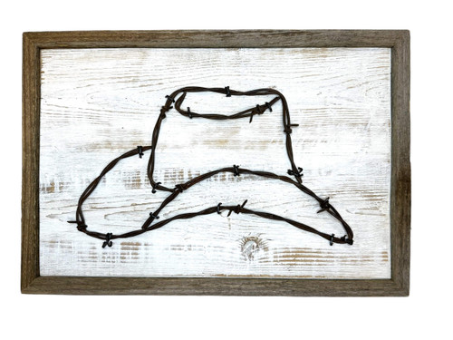 Rustic barbed wire cowboy hat sign handcrafted from weathered wood, bringing bold Western character and frontier spirit into your home or ranch décor.
