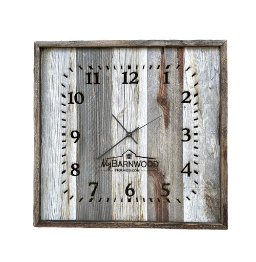 Personalized rustic barnwood wall clock featuring custom engraving and handcrafted wood grain—designed to add warmth and character to any office or home space. Large Clock- 17 inch