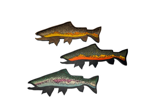 Handcrafted wooden trout wall art featuring a vibrant, detailed fish design on a rustic wood background—perfect for lake houses, cabins, and fishing enthusiasts.