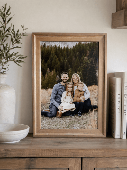 Handcrafted solid American white oak picture frame featuring a clean, modern profile. This minimalist wood frame is made in Utah and showcases the natural beauty of real white oak.