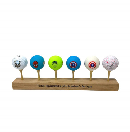 Personalized wooden golf ball display holder for showcasing golf balls, trophies, and memorable golf moments