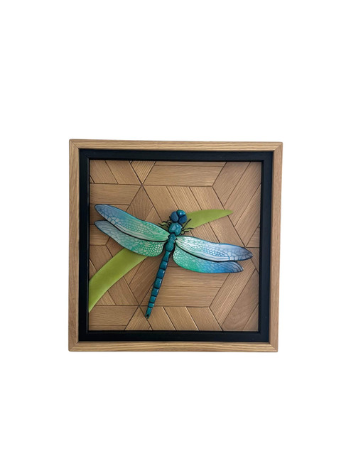 Handmade 3D dragonfly wall art featuring vibrant colors on a wood background—bringing a nature-inspired, uplifting touch to any space.