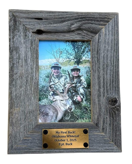 Rustic barnwood trophy frame with engraved plaque, handmade reclaimed wood picture frame