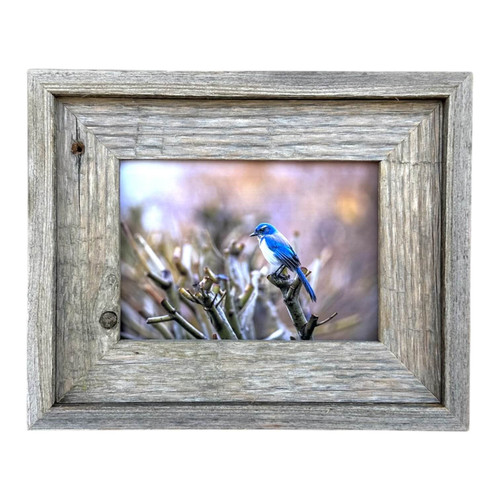 Rustic reclaimed barnwood frame with narrow profile and weathered gray wood tones for displaying 5x20family photos
