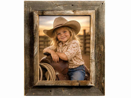 Cowboy picture frame with 2.25 inch wide weathered wood molding for rustic western decor