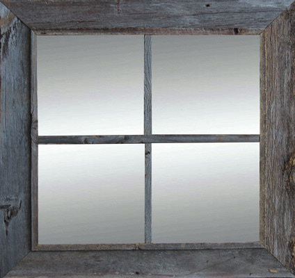 Farmhouse grid wall mirror with rustic reclaimed wood frame and vintage inspired windowpane design