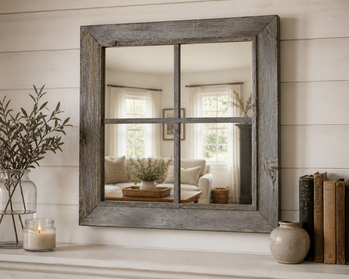 Rustic 4 pane windowpane mirror handcrafted from reclaimed barnwood with farmhouse wall decor styling