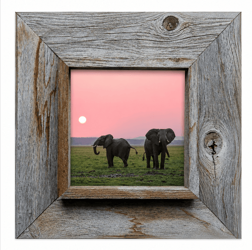 19x19 Handcrafted reclaimed barnwood box picture frame featuring authentic weathered gray wood, natural knots, and rustic farmhouse character. Wide-profile wood frame perfect for cabin décor, lodge decorating, family photos, artwork, and rustic home interiors.

