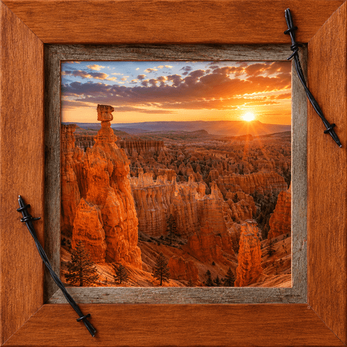 Square rustic western picture frame handcrafted from solid wood and accented with authentic barbed wire corners. This 8x8 wood frame features warm natural tones, rugged ranch-inspired character, and a handcrafted design perfect for western art, wildlife photography, cabin décor, and rustic home interiors."
