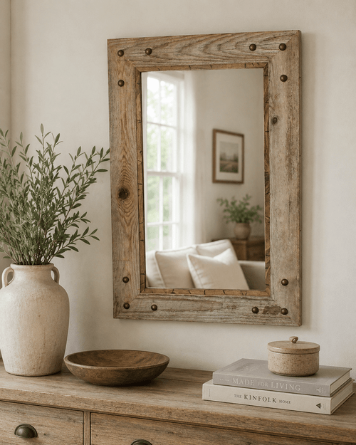 Handcrafted rustic wall mirror featuring authentic reclaimed barnwood, alder wood inset, and vintage-inspired nailhead accents made in the USA