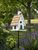 Church style birdhouse with cedar shingle roof and rustic farmhouse charm, decorative outdoor garden birdhouse on stake for backyard landscaping