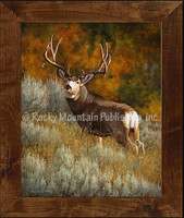 Painting of a big mule deer buck standing on a hillside. Frame in a beautiful frame.
