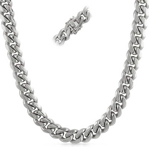 Rhodium Plated Sterling Silver Miami Cuban 9.8mm / 300, 8 inches - 30 inches Chain with Box Lock Clasp