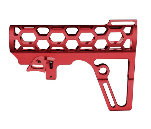 Presma Skeletonized 223/5.56/308 Stock for Mil-Spec Tube, CA Legal Fixed Stock, 6 Position, Red Anodized Aluminum