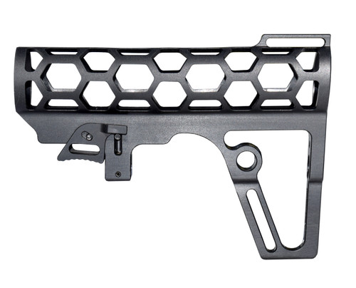 Presma Skeletonized 223/5.56/308 Stock for Mil-Spec Tubes, CA Legal Fixed Stock, 6 Position, Black Anodized Aluminum