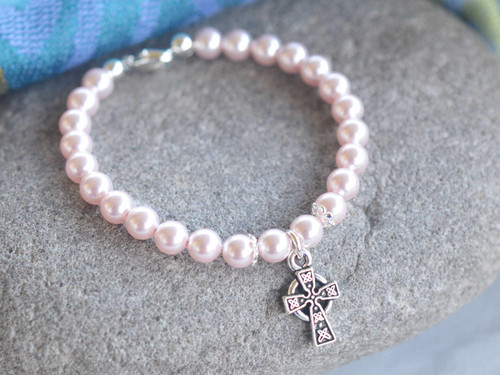 Custom European Crystal Pearl Baby/Youth Bracelet with Celtic Cross