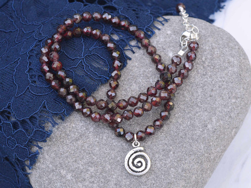 Spiral of Life Sterling Silver and Garnet Gemstone Necklace 