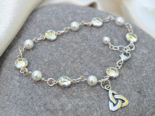 Ladies View Pearl and European Crystal Silver Bracelet
