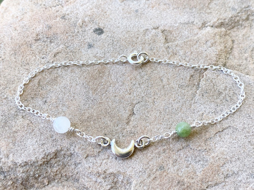 Moonlight over Hill of Tara Sterling Silver Bracelet with Rainbow Moonstone and Connemara Marble