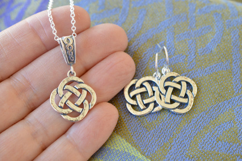 Holiday Set: Sterling Silver Hand Hammered Eternal Celtic Knot Necklace with Celtic Bail and Matching Earrings