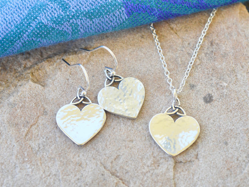 Holiday Set: Trinity Heart Sterling Silver Hand Hammered Pendant Necklace and Earrings