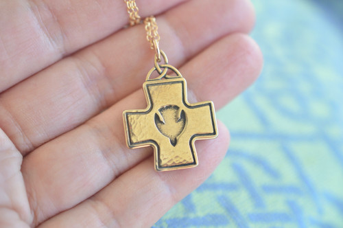 Book of Kells Descending Dove Cross Yellow Bronze Necklace