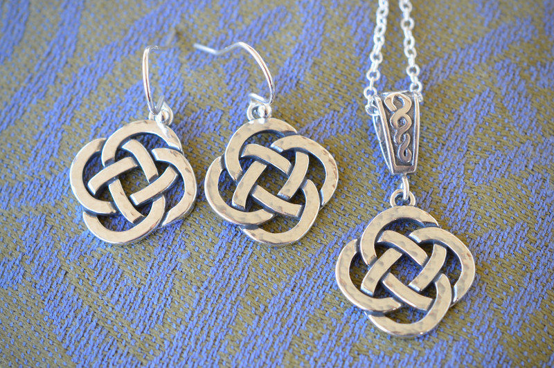 Holiday Set: Sterling Silver Hand Hammered Eternal Celtic Knot Necklace with Celtic Bail and Matching Earrings