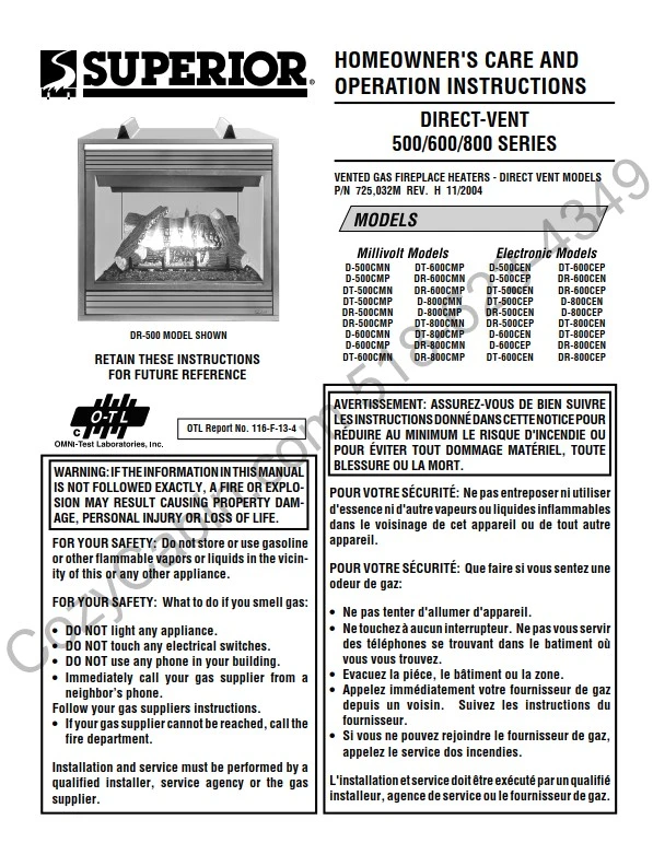 Direct Vent 500/600/800 Series Gas Fireplace Installation & Operation