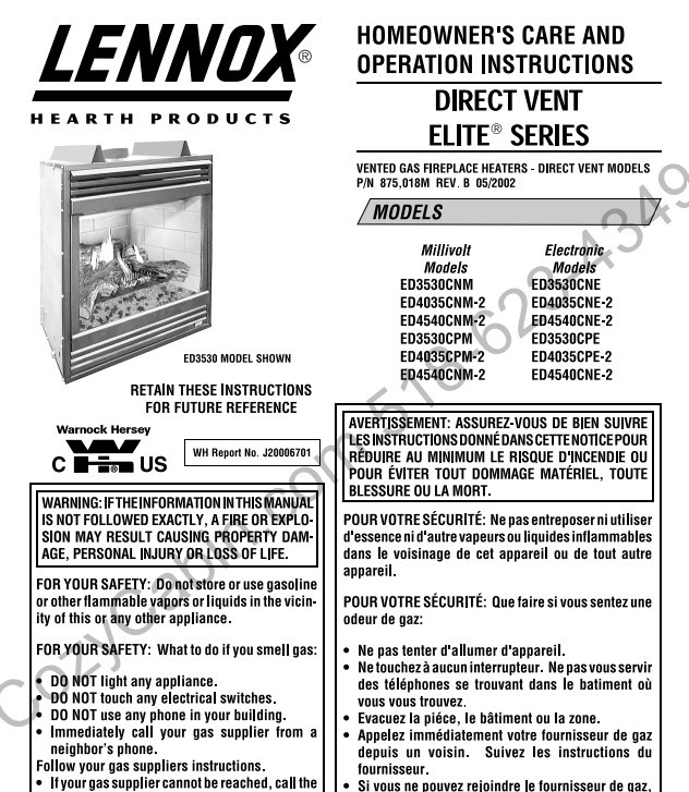 Elite Series ED Direct Vent Gas Fireplace Operation Manual, United