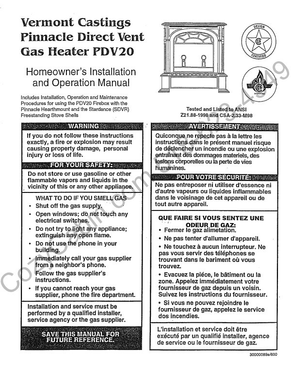 Pinnacle PDV20 Direct Vent Gas Heater Installation and Operation
