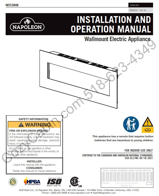 Wallmount NEFL58HB Electric Fireplace Installation and Operation