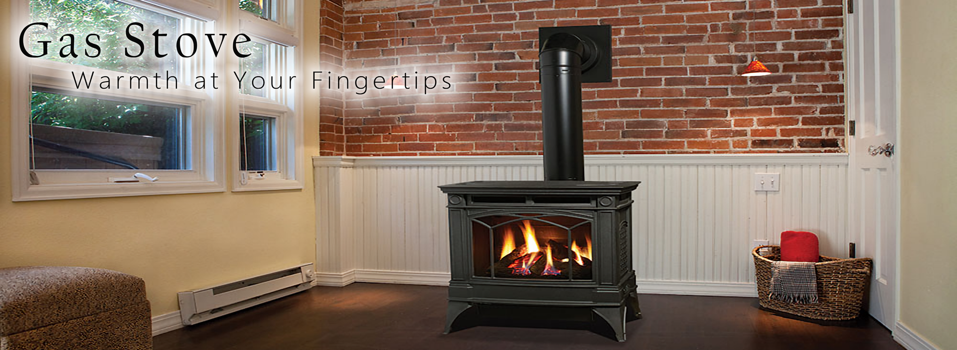 Modern Wood Burning Stove with Accessories and Red Gloves Next To