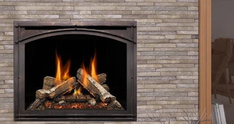 Nordik fireplace with arched mission screen front and birch logs