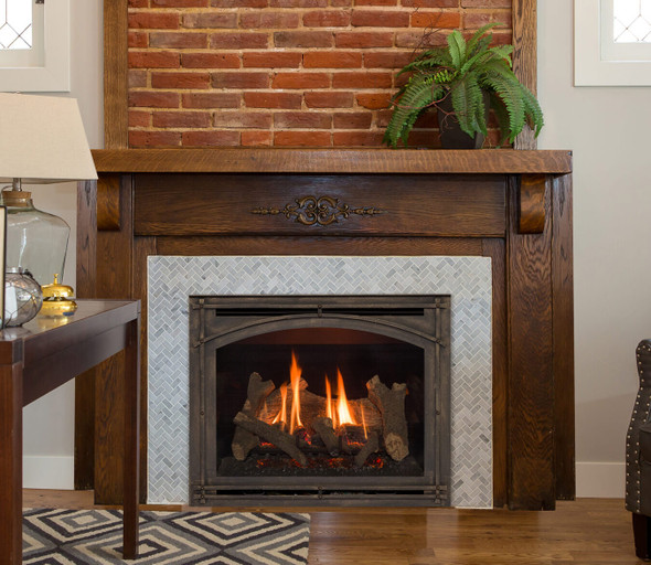 Springfield fireplace with arched mission screen front and black brick panels