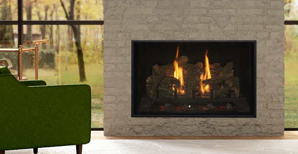 Bellingham fireplace with traditional log set, glass firebox panels
