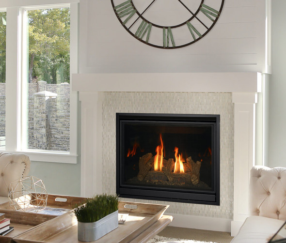 SP fireplace with rectangular safety barrier and glass firebox panels
