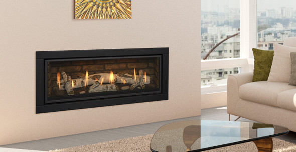 Callaway linear fireplace with birch logs and Chicago brick panels