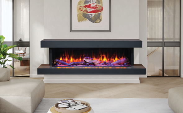 Osseo e64 fireplace multi-sided with hanging mantel, birch logs