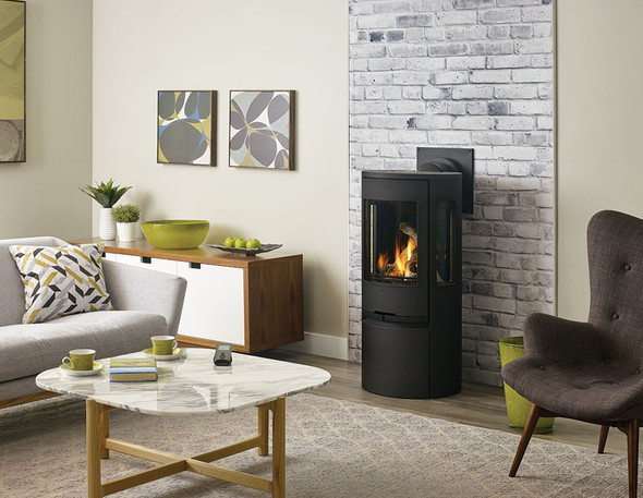 black RC500E gas stove in living room