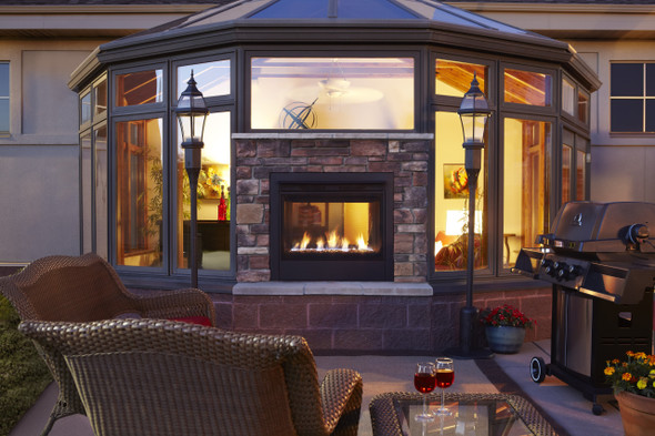 Twilight gas fireplace outside view