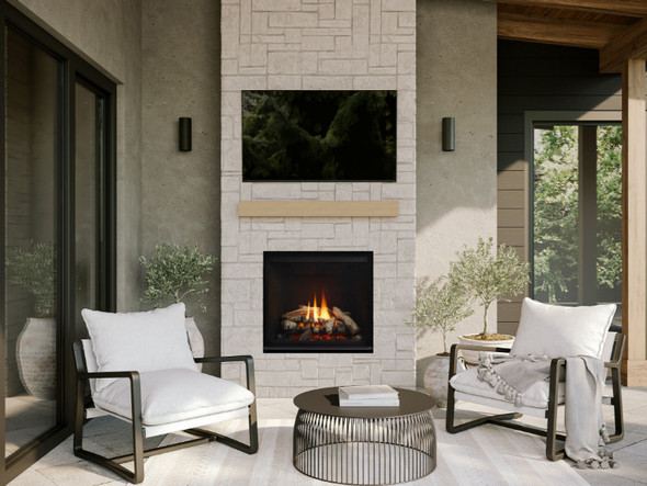 Grandview fireplace in outdoor covered patio with TV above it.